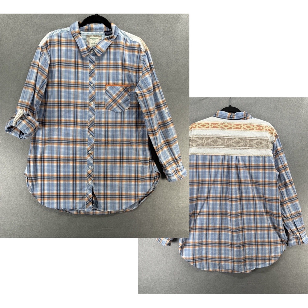 Panhandle Shirt Mens Size L Blue Orange Plaid‎ Rodeo Button Up Western Roll Tab